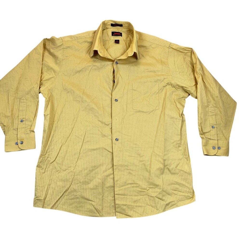 J. Garcia Men Dress Shirt XL 17 Neck Long Sleeve Pinkstriped Yellow Wrinkle-Free